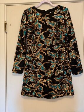 Dress the Population Black Dress with Gold and Teal Sequin Floral Design